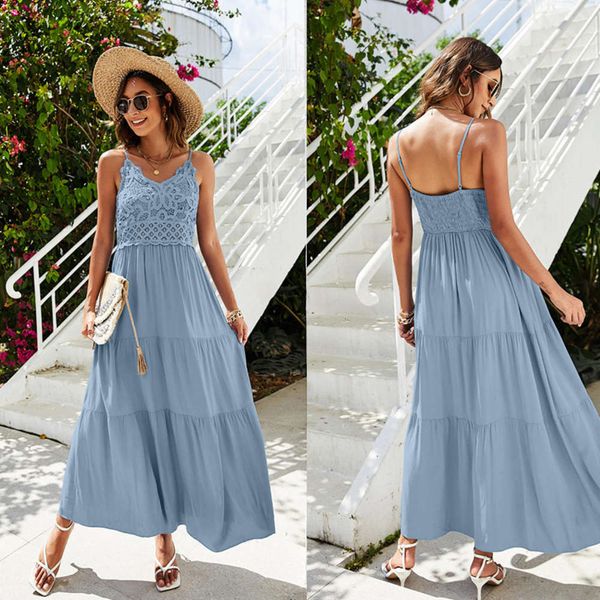 

summer suspender stitched lace women's long dress, Black;gray