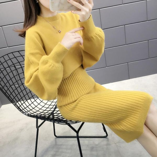 

autumn winter womens long sleeve pullover sweater+strap dress sets solid color knit 2 piece set ladies casual knitted suit 1600, Gray