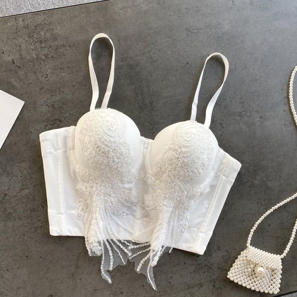 

women new fashion beaded embroidery camisole 3d cup clothing push up bustier corset bra night club party cropped r075, White