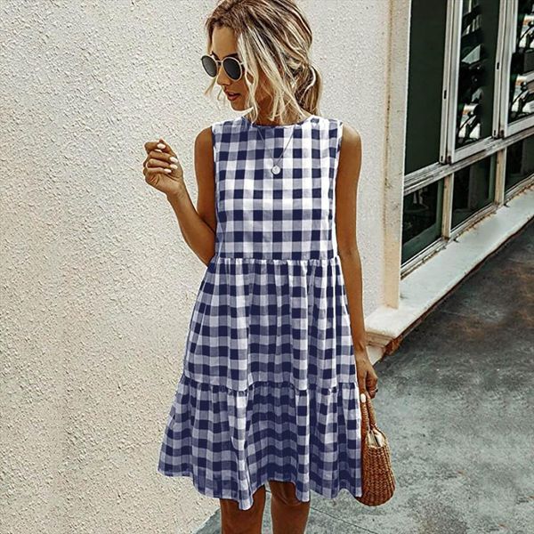 

elegant plaid sundress casual womens dress summer sleeveless a line retro beach evening party vestidos, Black;gray