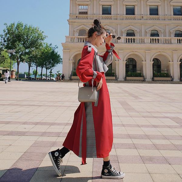 

women's trench coats red plaid stitching windbreaker mid-length 2021 spring and autumn loose temperament drape british coat jacket, Tan;black