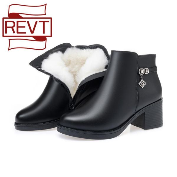 

boots revt short ankle women's genuine leather mother cotton work shoes warm wool winter high heels ladies snow 9693, Black