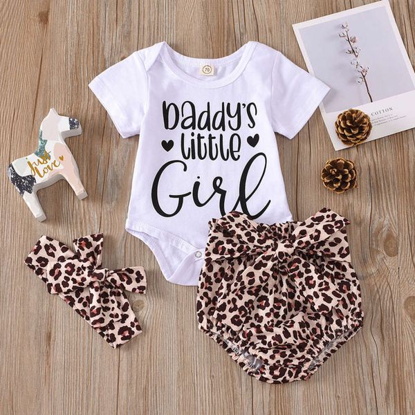 

leopard letter short shorts sleeve three piece summer baby set children's suit, White
