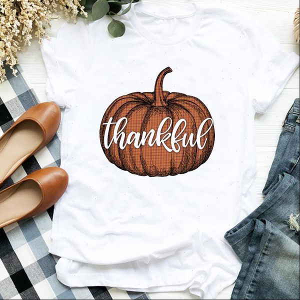 

women lady cartoon pumpkin thanksgiving fall halloween print tshirt shirt clothes graphic female t tee womens t shirt, White