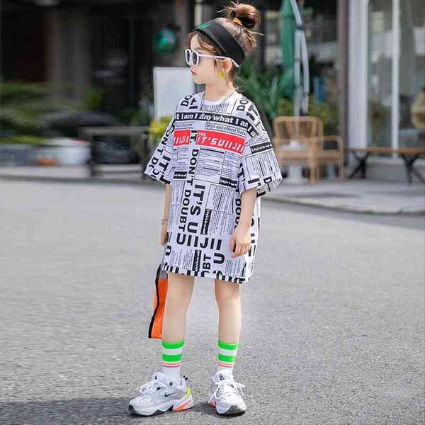 

summer girls t shirt baby long teen kids dress children streetwear clothes newspaper full letter print 4 to 14 yrs, Red;yellow