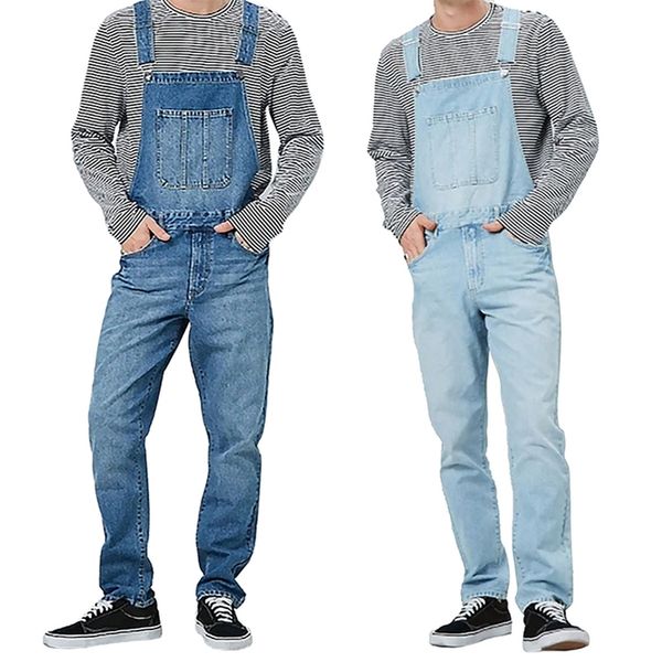 

casual straight overalls men fashion effects color high tail mounting cargo style jarretel jeans with pockets 2021 latest, Blue