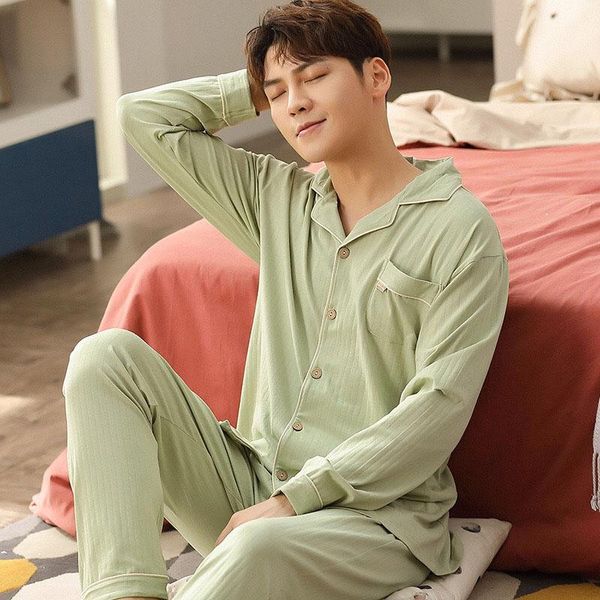 

autumn new men's pajamas 100% cotton full-sleeve mens turn-down collar homewear thin simple style solid color comfort sleepwear, Black;brown
