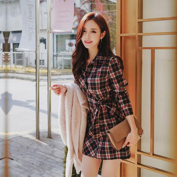 

casual dresses mingjiebihuo fashion winter autumn ol women plaid turn-down collar dress arrival long sleeve wild slim mini girls, Black;gray