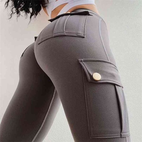 

foxkankening women slim leggings high waist elastic push up pockets legging female workout fitness leggins femme sportswear 210820, Black