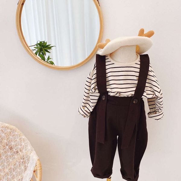 

2021 spring autumn new boys' and girls' cartoon round neck striped bottom shirt baby fun one piece pants children's suspender, Blue