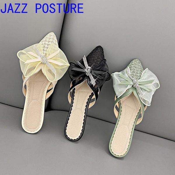 

slippers 2021 summer ladies lace sweetheart mules fashion pointed toe low heel sandals rhinestone bow w013, Black