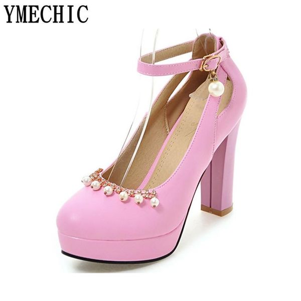 

ymechic female crystal bead chunky high heels ankle strap platform party wedding bride heel shoes woman black white plus size