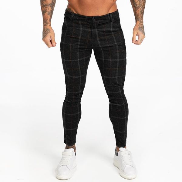 

men's pants men skinny chino autumn winter black plaid pant high waist