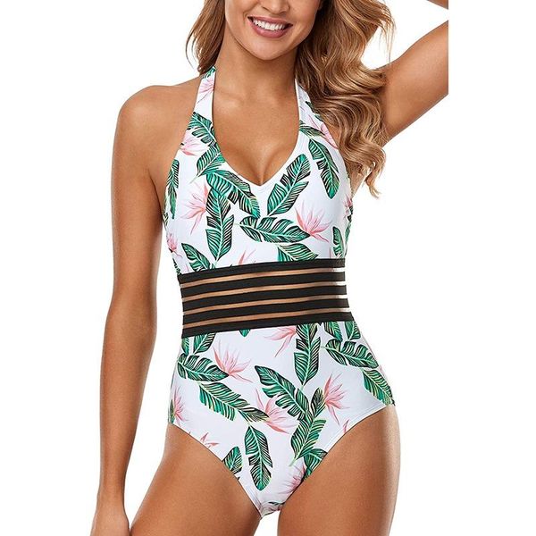 

one-piece suits beautiful swimsuit women one peice swimwear hollow mesh leaves flower leopard summer female halter surfing suit girls beach