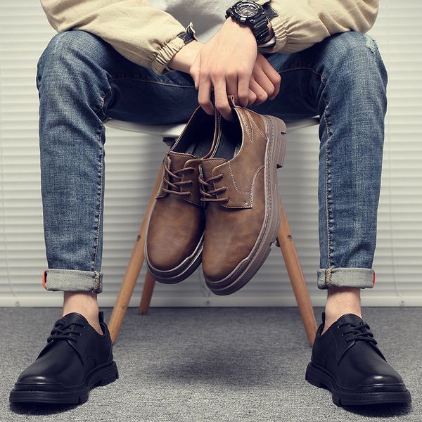 

autumn and winter pu leather lace up low heel round head tooling shoes business casual men suit gentleman british style versatile dh397, Black