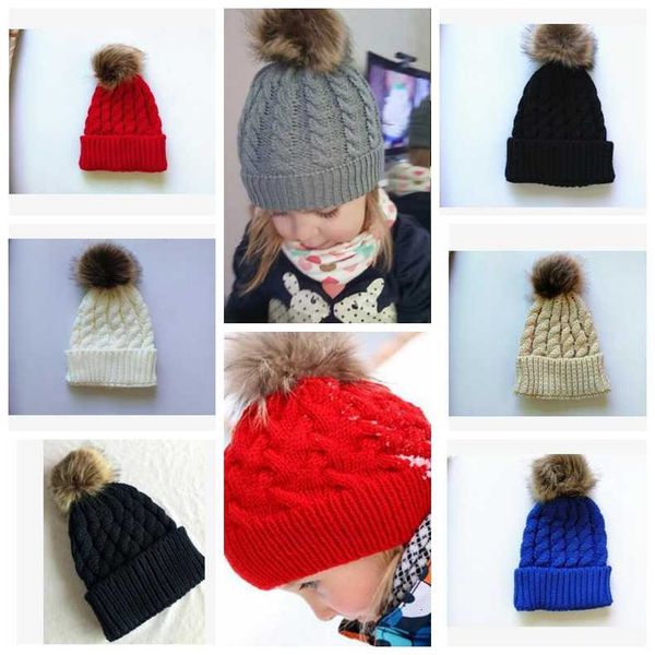 

boy winter mom women baby kids girl newborn crochet knitted hats skull caps wool fur ball pompom beanies hat kka3203, Yellow