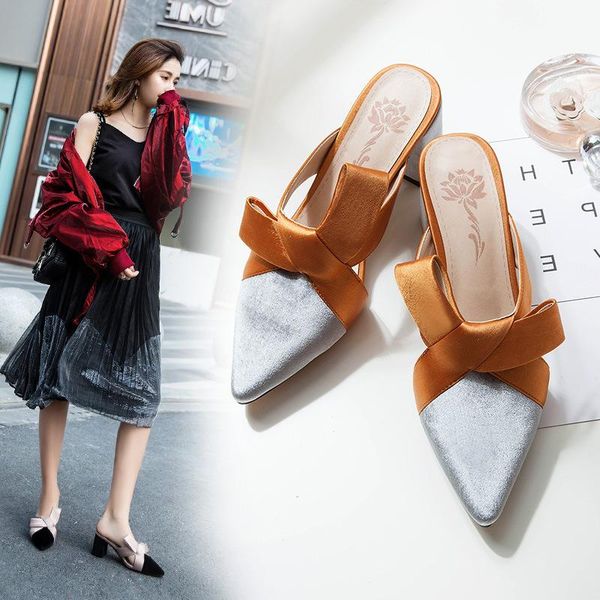 

slippers high-heeled shoes women's summer all-match sandals bow thick-heeled, Black