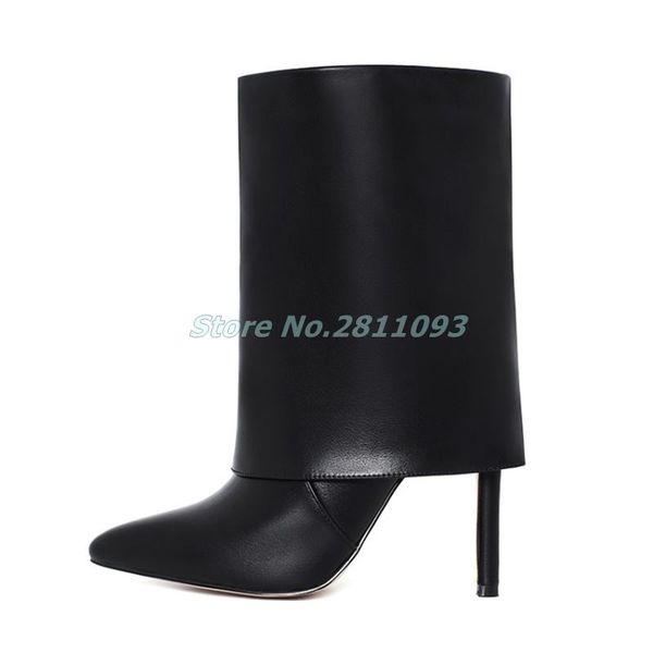 

boots thin hihg heels folded black brown white solid leather pointed toe mid calf winter women concise match everything