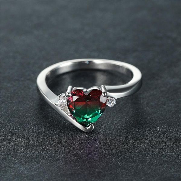 

wedding rings female crystal red green stone ring vintage silver color rainbow for women promise love heart engagement, Slivery;golden