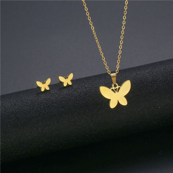 

women's butterfly necklace earrings set dubai gold color stainless steel african indian wedding jewelry sets for women girls, Silver