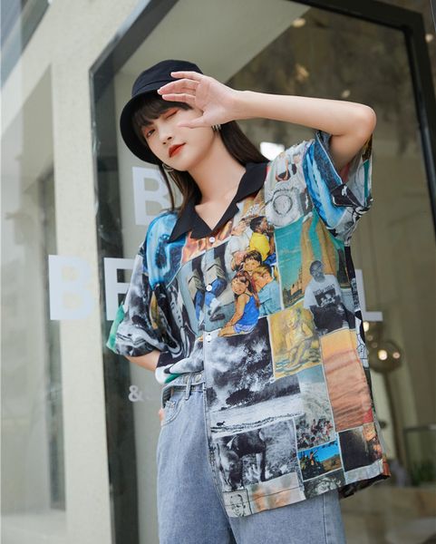 

2021 new oil painting blouse women and blouses summer short sleeve button up shirt color block designer aesthetic clothes c64o, White