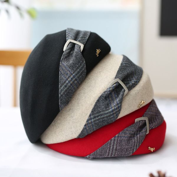 

2021 new wool felt beret women bowknot beanie french cap warm ladies winter retro style church wedding fascinator hats pillbox hat 0z2n, Blue;gray