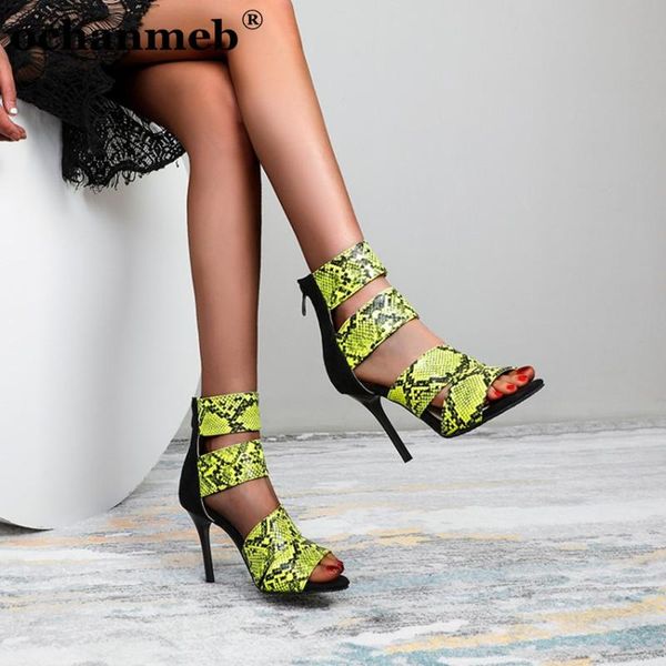 

sandals ochanmeb plus size 46 47 48 stiletto 10cm high heels gladiator woman snake skin pu leather open toe zipper summer shoes, Black