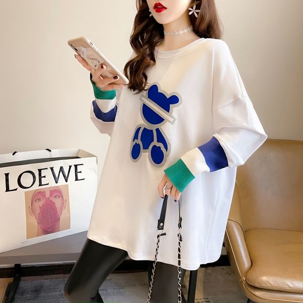 

2021 spring new round neck stitching knitted long-sleeved female college style cartoon bear print t-shirt hup3, White