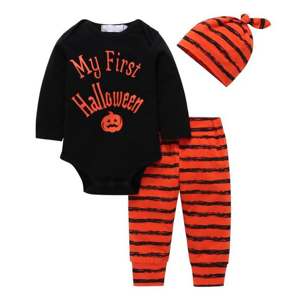 

clothing sets halloween pumpkin stripe print suits boys and girls long sleeve rompers + pants hat 0-6m-12m-18m-24m baby infant, White