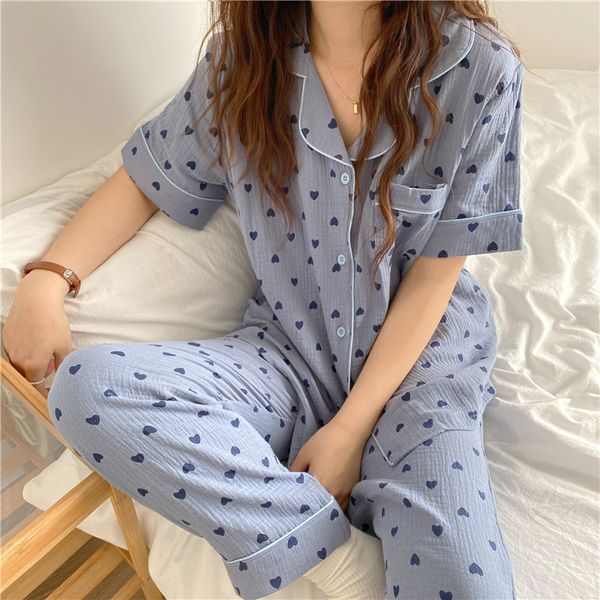 

women's sleepwear women pajama set short sleeve love heart print cotton sleepwear 2 piece homewear clothes blouse pijamas pants ho, Black;red