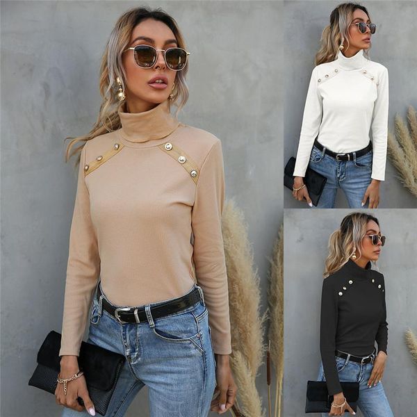 

women's t-shirt casual womens tshirt 2021 spring women elegant vintage fashion turtleneck button slim t-shirts plus size, White