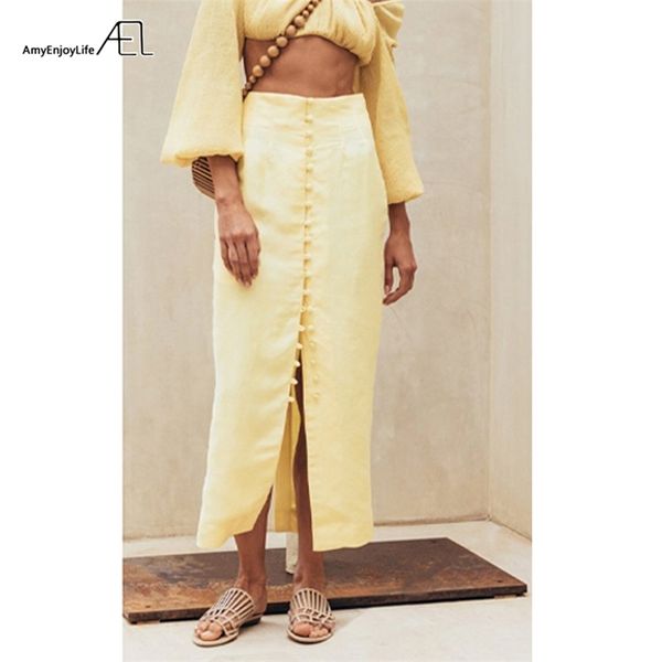 

ael summer women high waist button bodycon maxi skirt yellow long skirts kick pleat clothing jupe femme 210708, Black