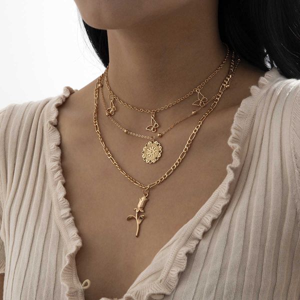 

simple and versatile accessories butterfly tassel necklaces fashion women's rose alloy necklace set, Silver