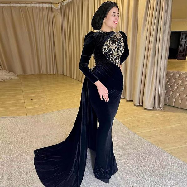 Muçulmano Árabe Saudi Prom vestido Médio Oriente formal desgaste preto veludo grânulos de manga longa sereia vestidos de noite vestidos