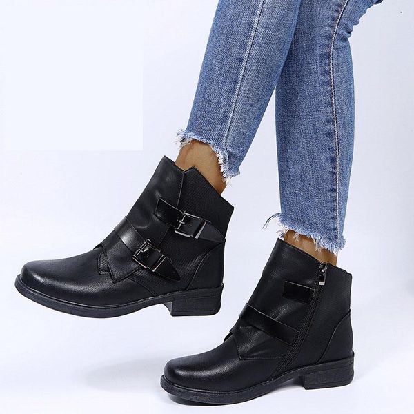 

boots trend women's shoes retro side zipper plus size ladies leather warm autumn and winter multicolor ankle, Black