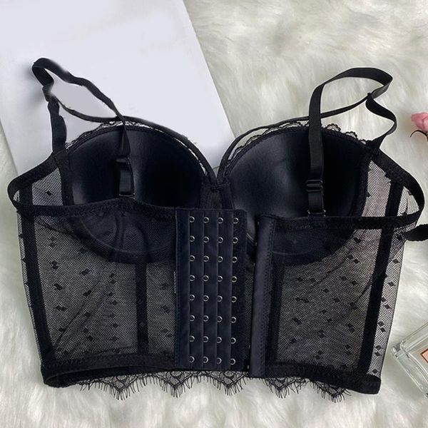 

women's swimwear women spaghetti strap bustier bra sheer polka dot mesh eyelash lace trim camisole vest club party boned corset, White;black