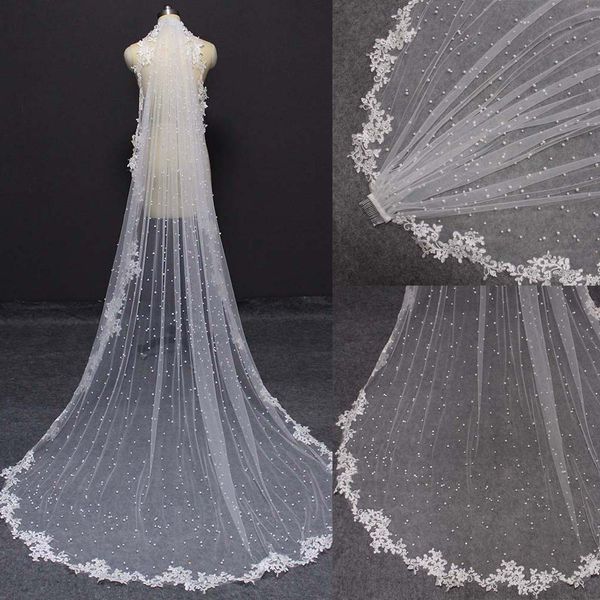 

cathedral beads bridal veils wraps with combs one layer lace edge appliqued super long length robe tail veil luxury amice custom made women, Black