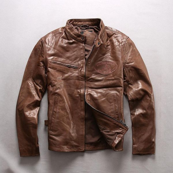 

men's leather & faux plus size brown color man genuine jacket cow skin slim embroidery coat, Black