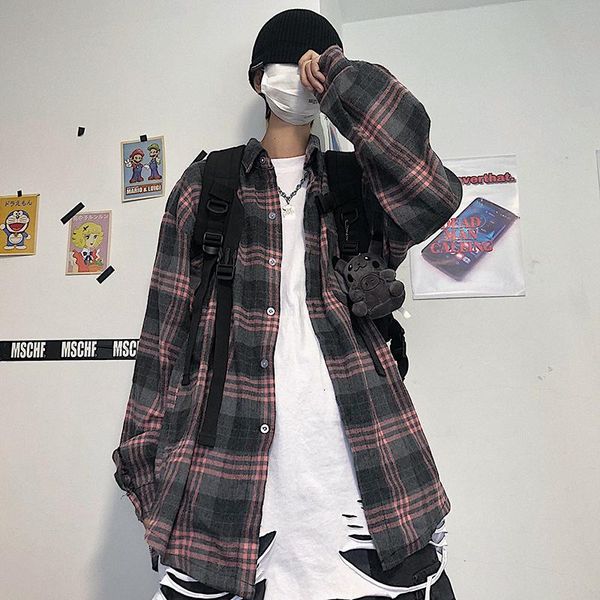 

men's casual shirts 2021 korean style plaid shirt ulzzang hip hop long sleeve clothes kpop fashion oversized harajuku mens male, White;black