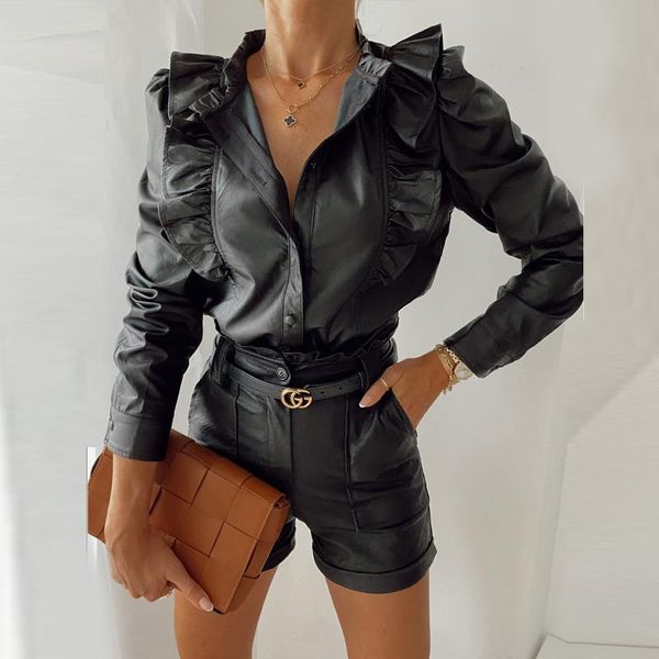 

mandylandy lotus leaf pu shirt female casual tshirts women pu tshirts long sleeve v-neck shirts, White