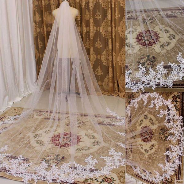 

cathedral bridal veils one layer lace edge appliqued super long length tail veil luxury headdress custom made for women hair accessories, Black