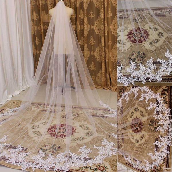 Собор Bridal Weits One Layer Lace Edge Appleiqued Super длинная длина хвоста вуаль роскошный головной убор на заказ для женщин аксессуары для волос