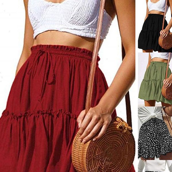 

2021 casual polka dot ruffle summer pink skirt women a line high waist pleated short skirt floral print chiffon beach skirt, Black