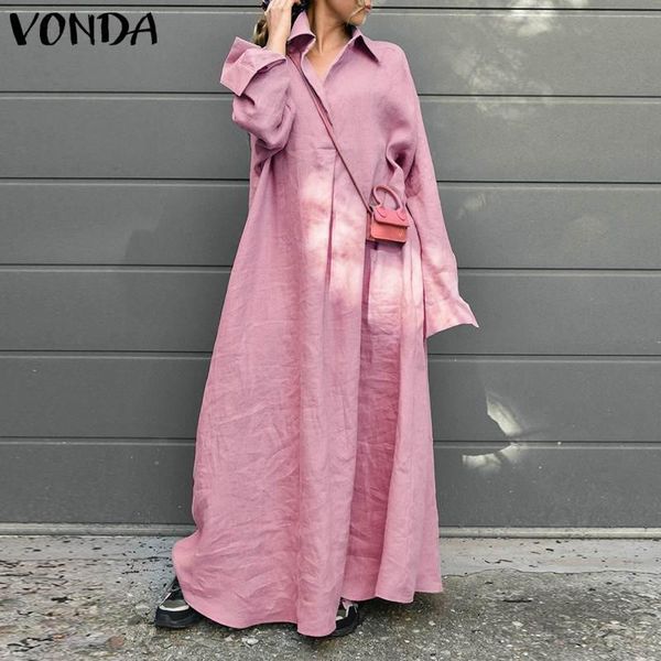 

shirt dress vonda 2021 women casual long sleeve pleated solid dresses loose turn down neck bohemian party blusas plus size s-5xl, Black;gray