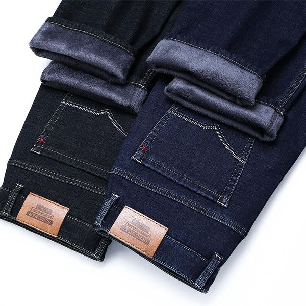

men's jeans winter fleece warm korean business casual stretch straight denim trousers male classic brand plus velvet thick pants, Blue