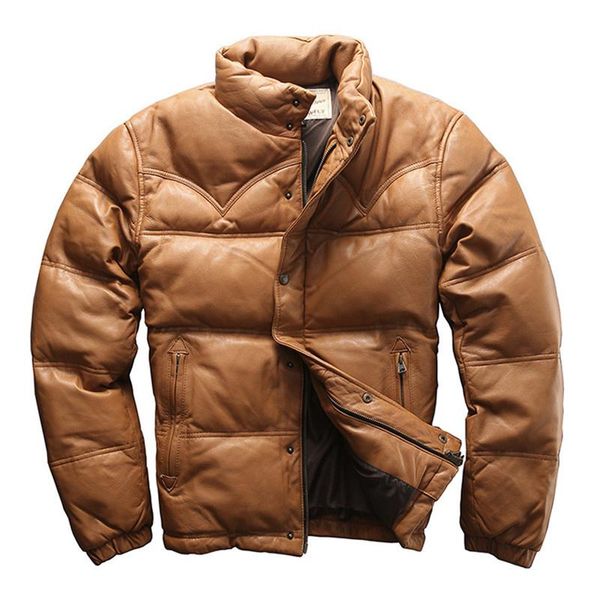 

men's leather & faux sheepskin duck down jacket genuine stand collar casual warm coat for male, Black