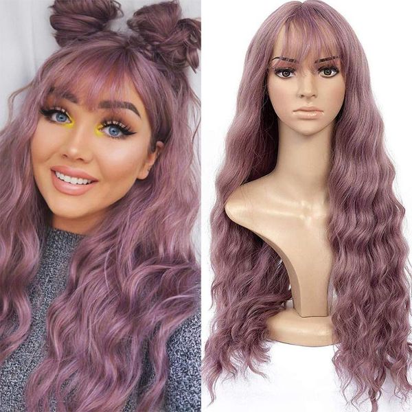 

synthetic wigs long pink wig with bangs wavy hair for black women afro heat resistant colorful cosplay party use