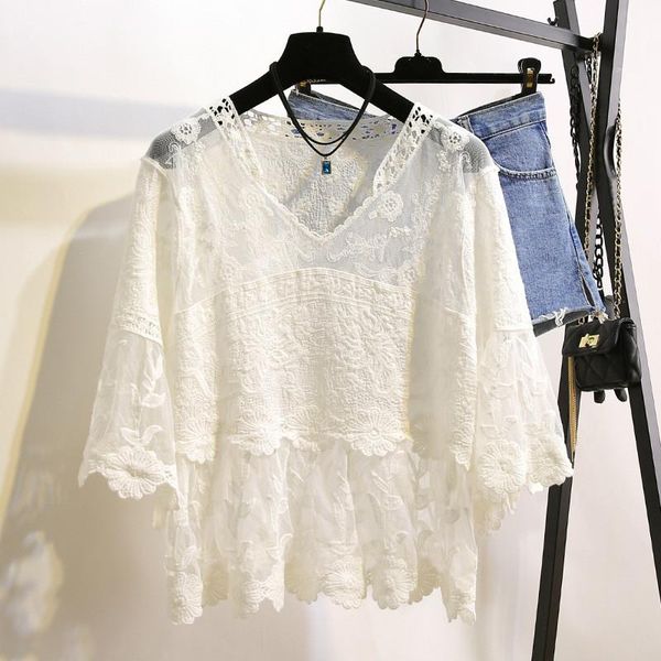 

women's blouses & shirts plus size lace women 2021 summer cotton v-neck bat sleeve embroidery shirt, White