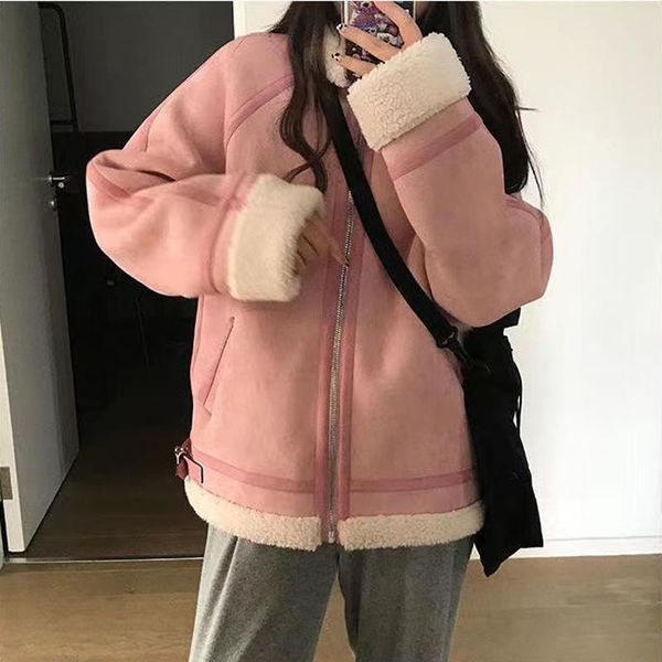 

women's fur & faux herstory 2021 women winter warm thick coat lady loose suede female leather short jacket casual outwears, Black