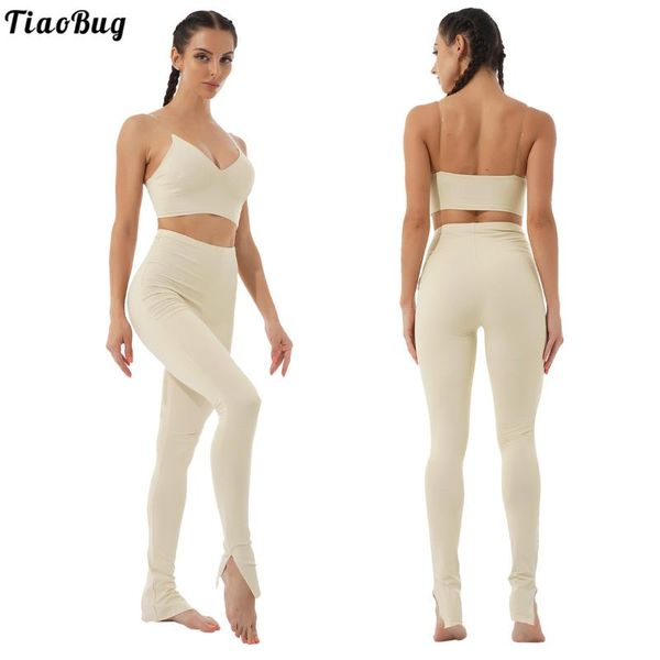 

yoga outfit tiaobug 2pcs women summer suit v neck invisible straps sleeveless cropped and bottom split pants set for gym running